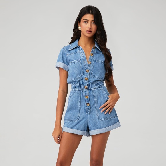 Show Me Your MuMu Cannon Blue Denim Romper Cotton Button Up Elastic Waist Sz XS - Picture 1 of 9
